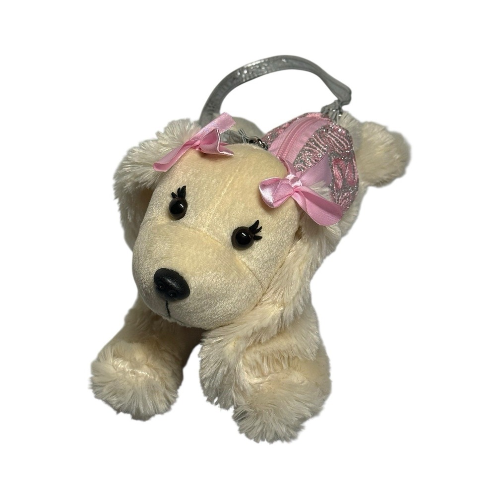 Stuffed‎ Dog Plush Purse Poochie & Co Pink Bows Sparkle Beige Puppy Silver Strap